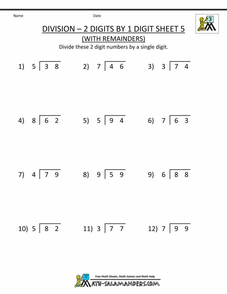 4th Grade Division Questions For Class 4