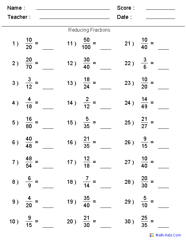 Math-aids.com Reducing Fractions Worksheets Answers
