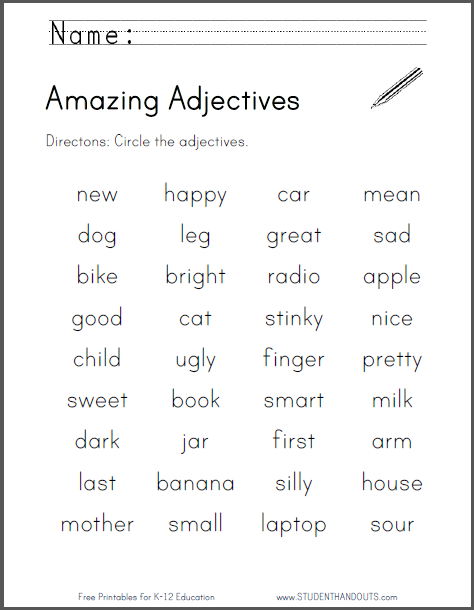 Grade 1 Noun Verb Adjective Worksheet Pdf