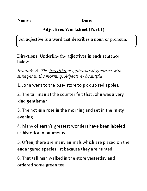 Kinds Of Adjectives Worksheets For Grade 5 With Answers Pdf
