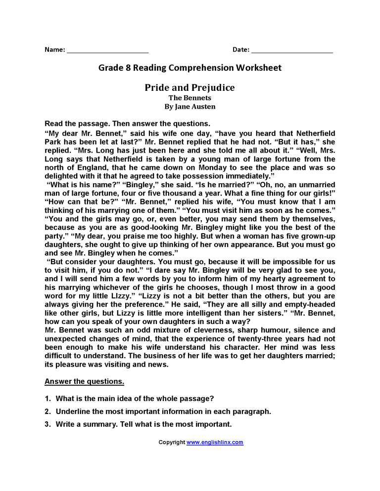 8th Grade Reading Comprehension Worksheets With Answers
