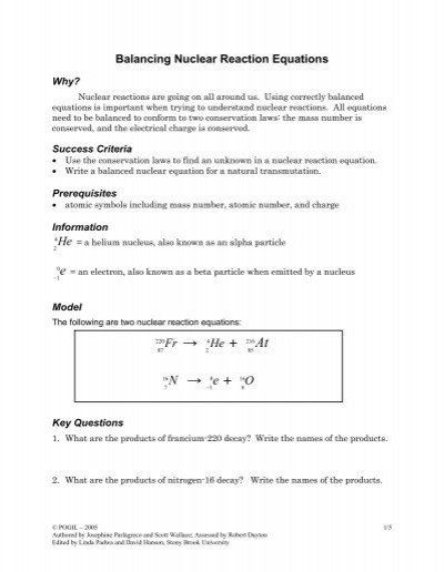 Nuclear Equations Worksheet Answer Key