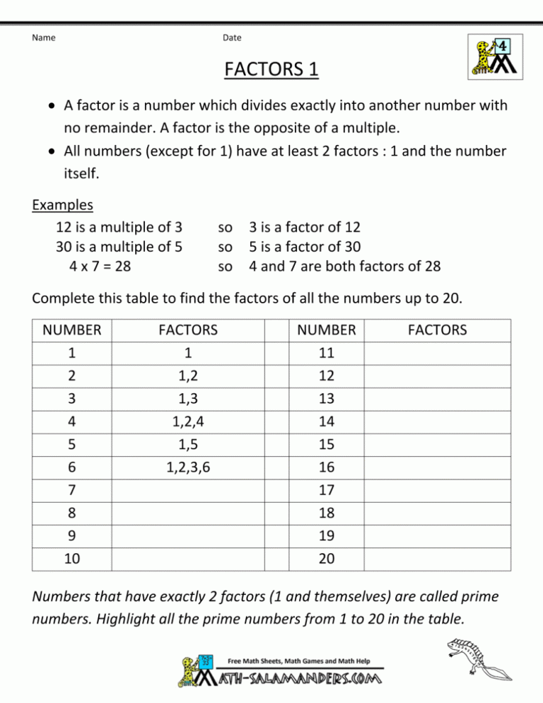 Factors And Multiples Worksheet Grade 4