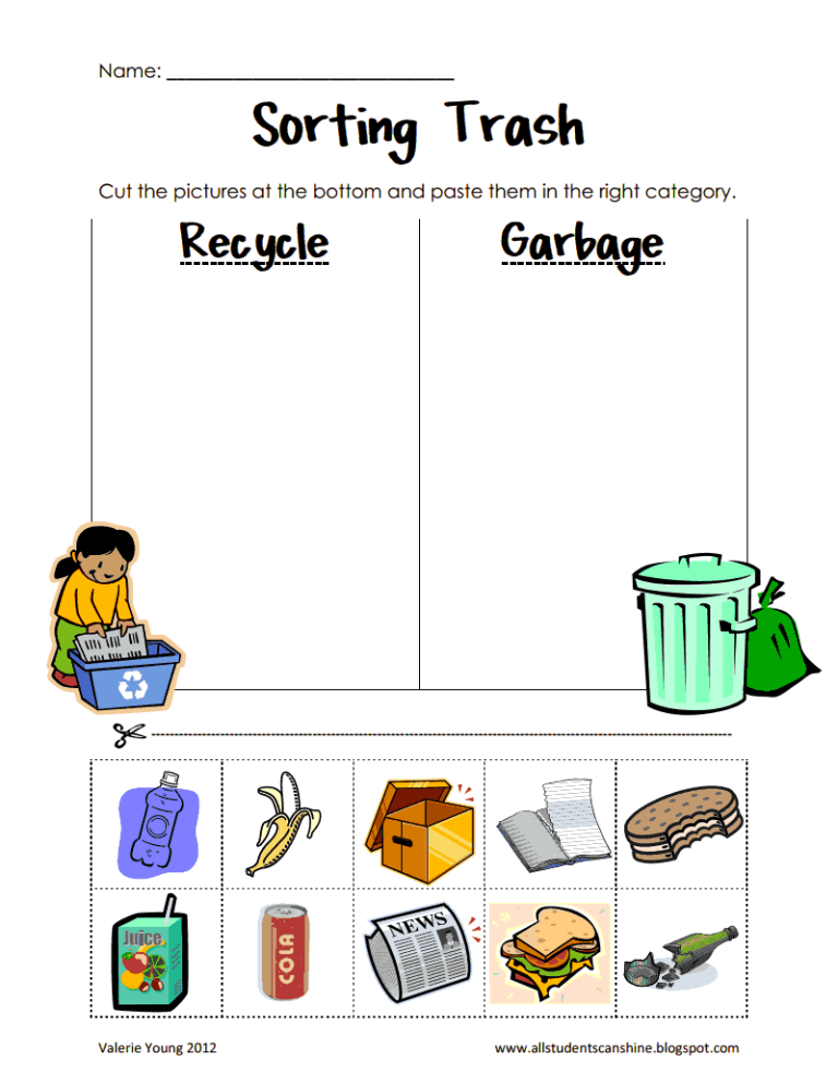 Recycling Sorting Worksheets For Kindergarten