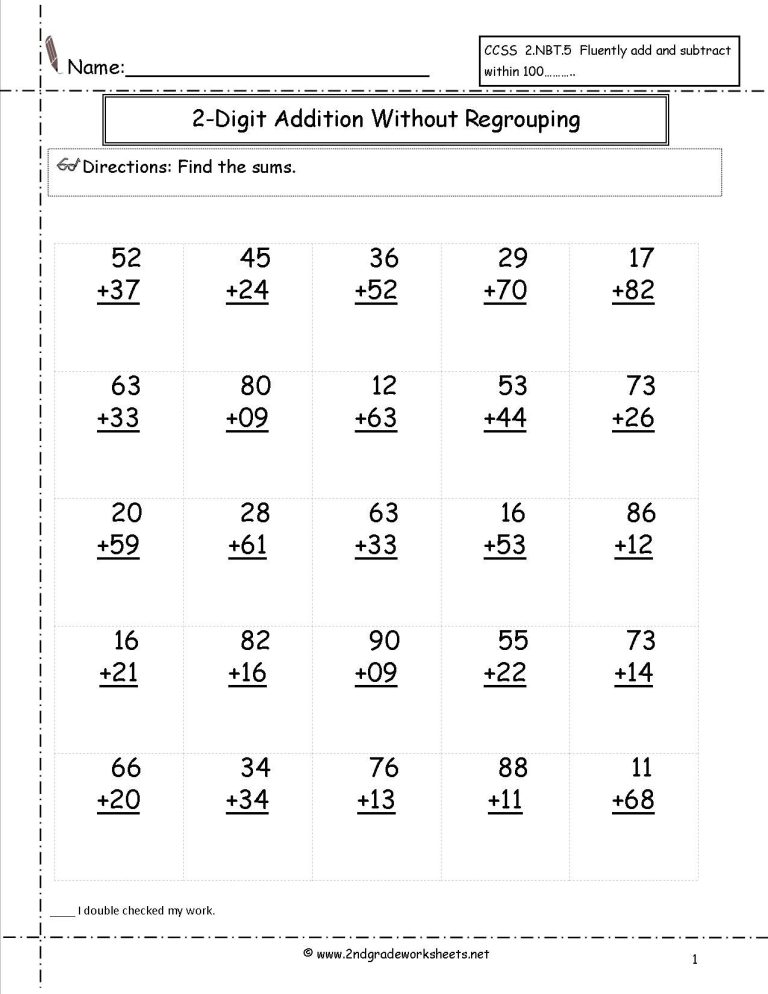 Printable 2nd Grade Double Digit Addition Worksheets