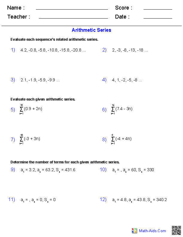 Arithmetic Series Worksheet Answers With Work