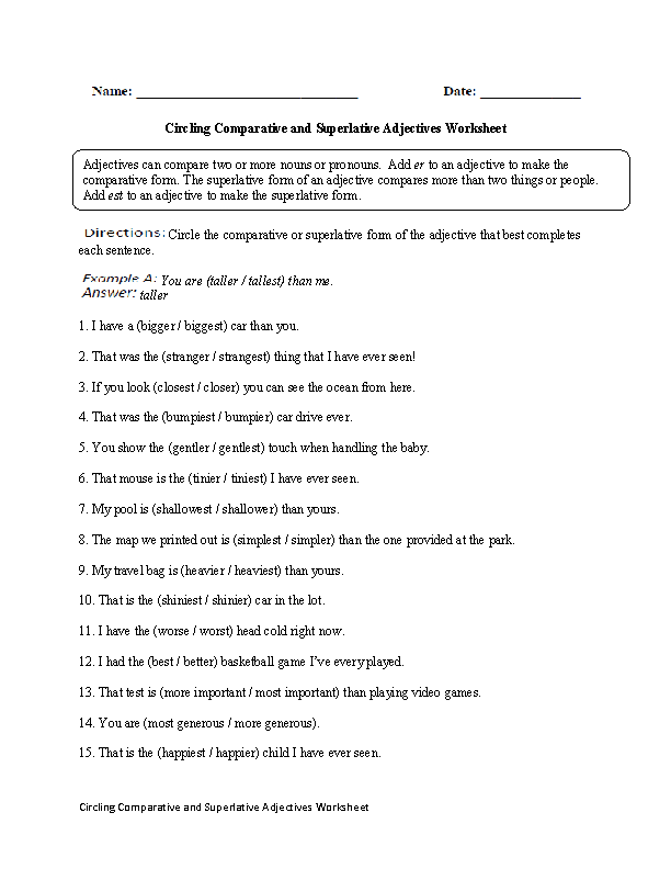 Degrees Of Adjectives Worksheets For Grade 5 With Answers