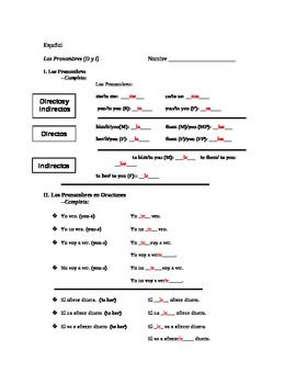 Printable Direct And Indirect Object Pronouns Spanish Worksheet