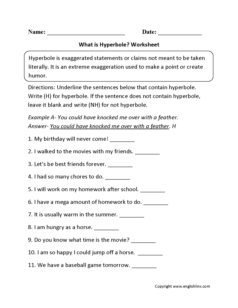 Hyperbole Worksheets With Answers Pdf