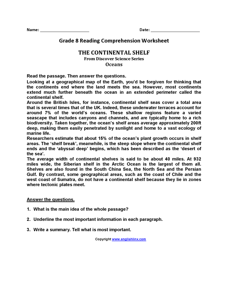 8th Grade Reading Comprehension Worksheets With Answers Pdf