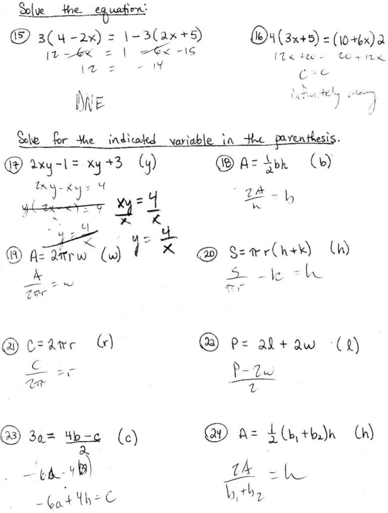 Kuta Software Infinite Algebra 1 Literal Equations Answers