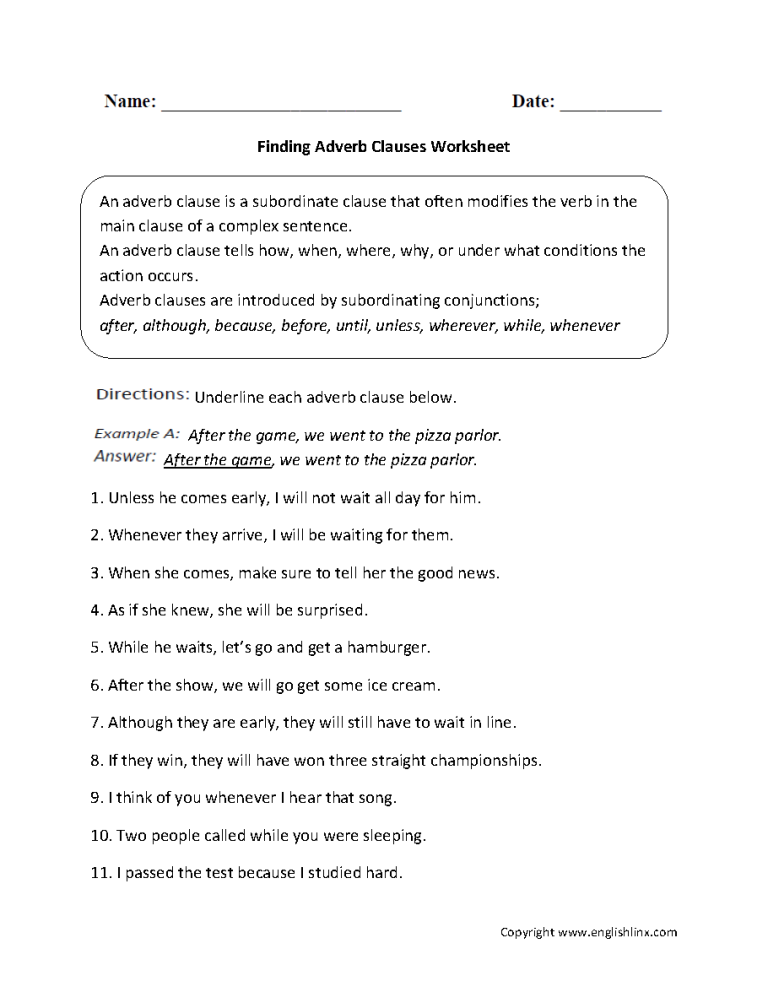 Adverb Clause Worksheet With Answers Pdf