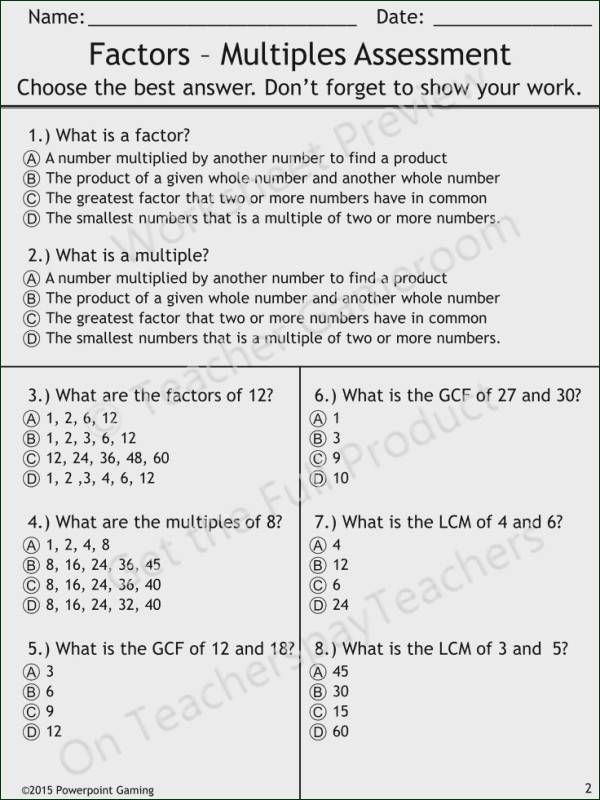 Common Multiples Worksheet Grade 4