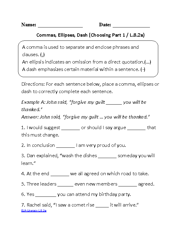 8th Grade Language Arts Worksheets With Answer Key