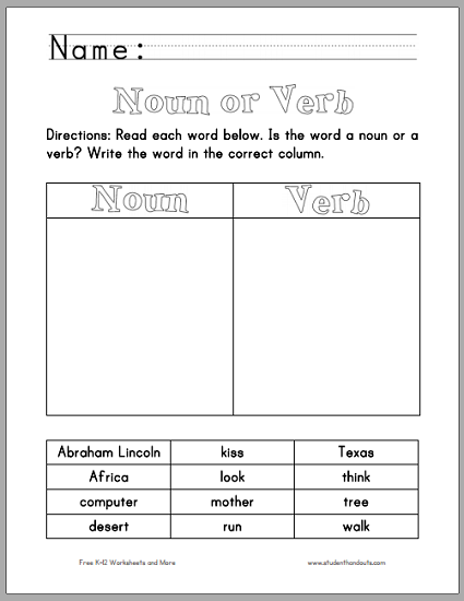 Printable 3rd Grade Noun Verb Adjective Worksheet