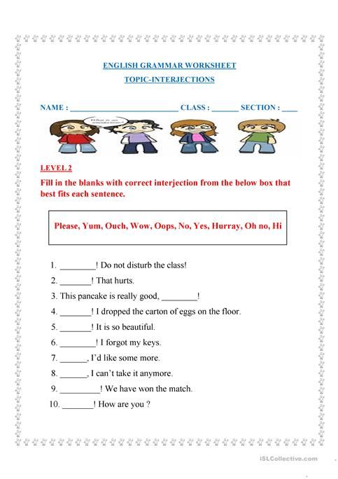 Interjections Worksheets With Answers Pdf