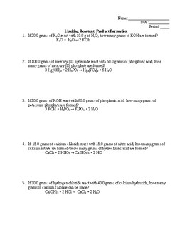 Limiting And Excess Reactants Worksheet Answers Pdf