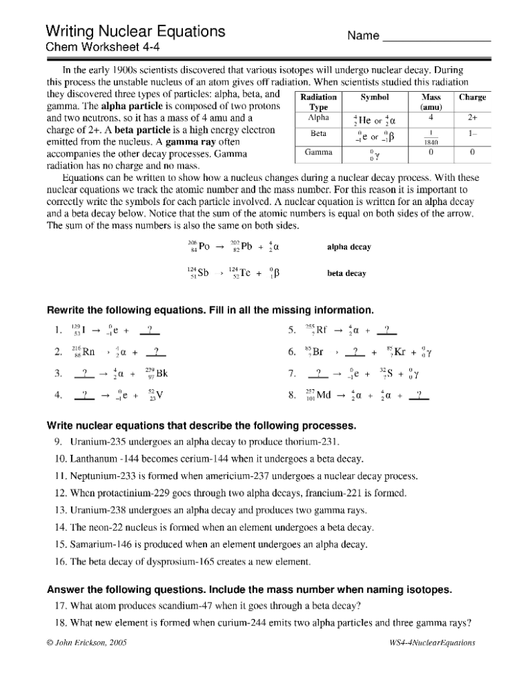 Writing Nuclear Equations Chem Worksheet 4-4 Answer Key