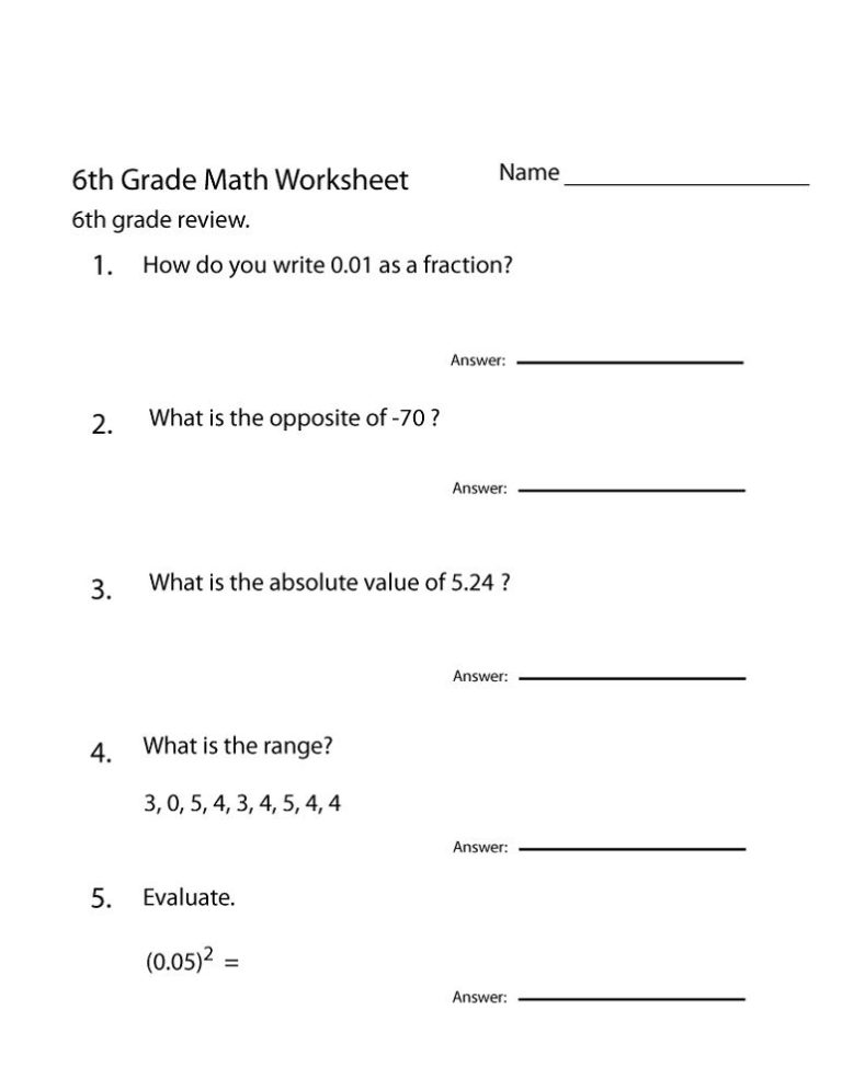 Free Printable 6th Grade Math Worksheets Grade 5