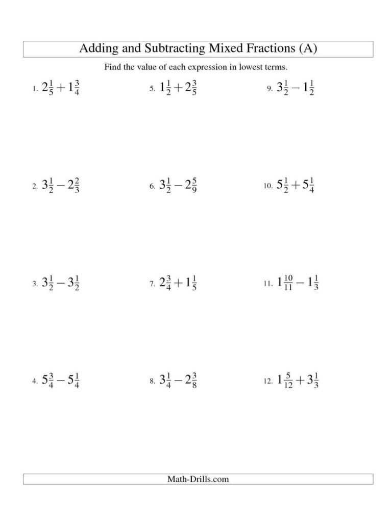 Subtracting Fractions Mixed Numbers Worksheets