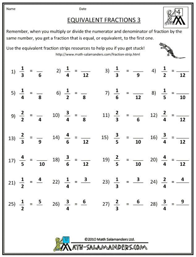 Grade 4 Math Equivalent Fractions Worksheets