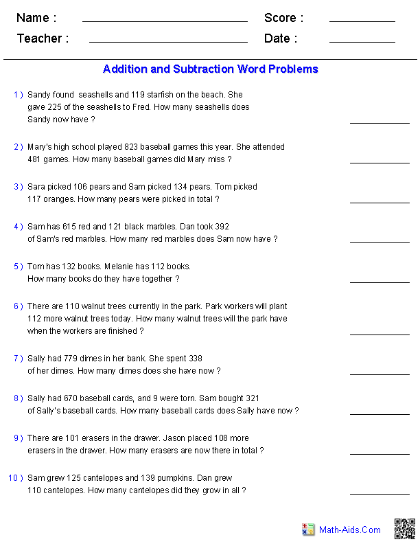 Math Worksheets For Grade 3 Addition Word Problems