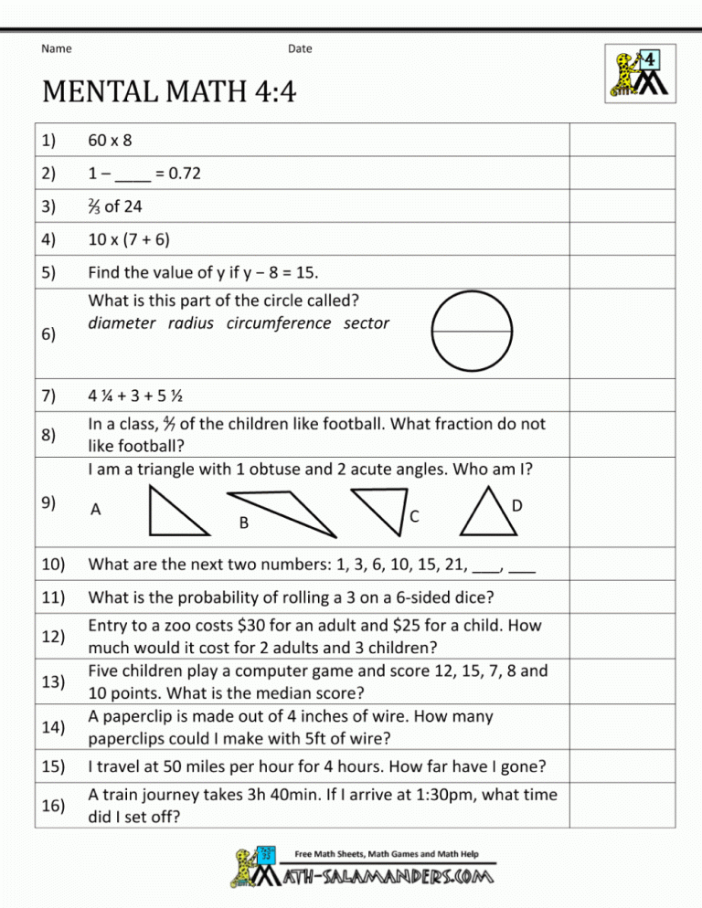 Mental Math Addition And Subtraction Worksheets Grade 4