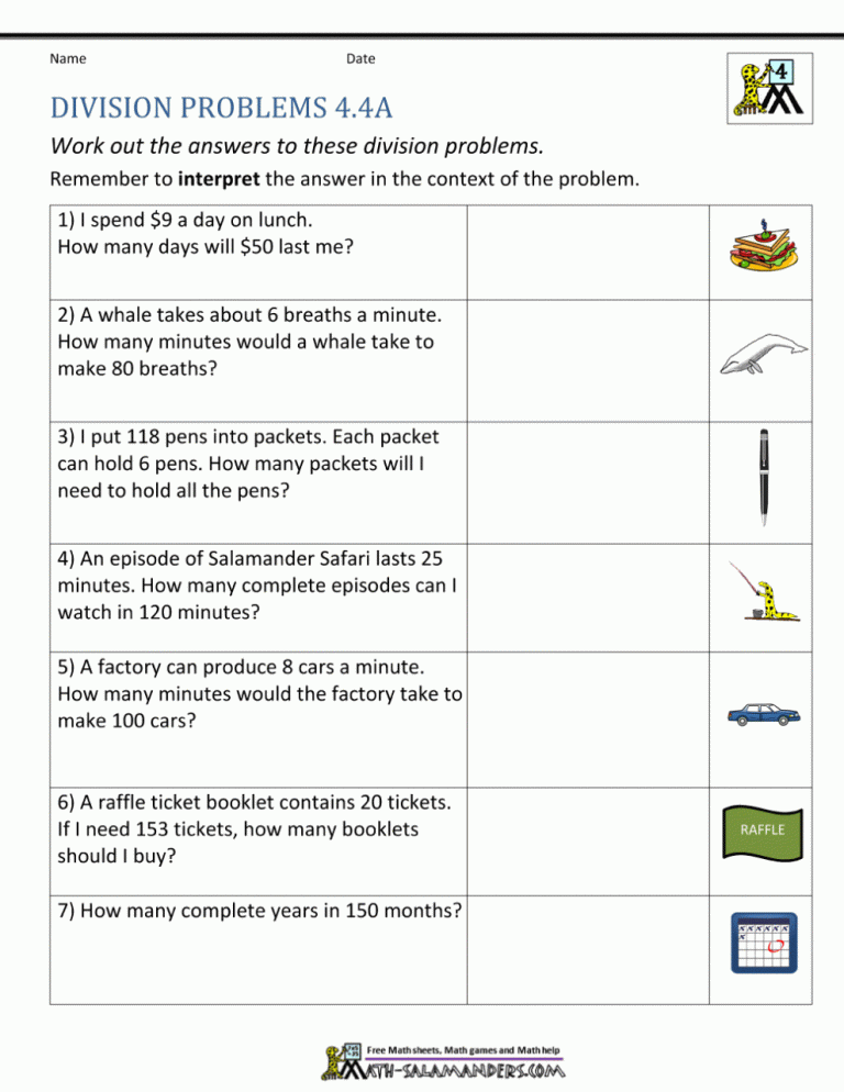 Math Worksheets For Grade 4 Division Word Problems