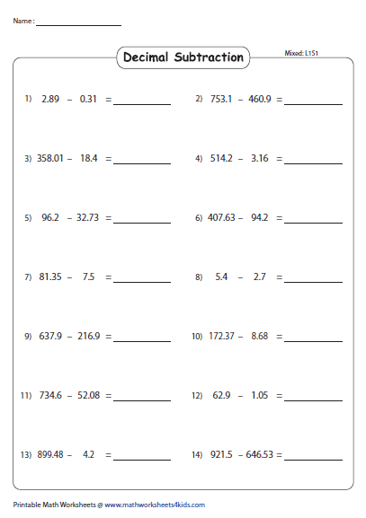 Addition And Subtraction Of Decimals Worksheets Grade 5