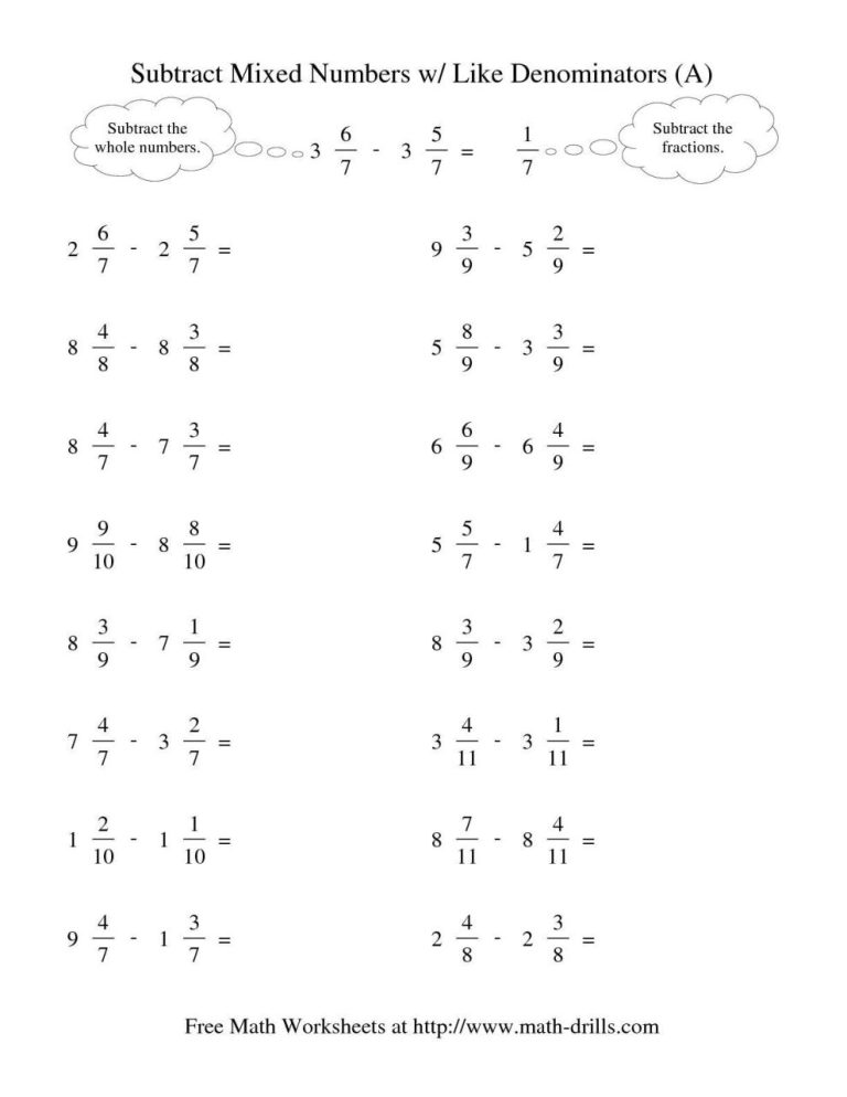 Adding And Subtracting Mixed Fractions Worksheets