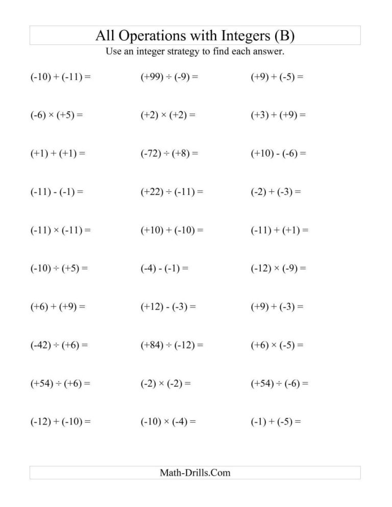 Printable Order Of Operations With Integers Worksheet