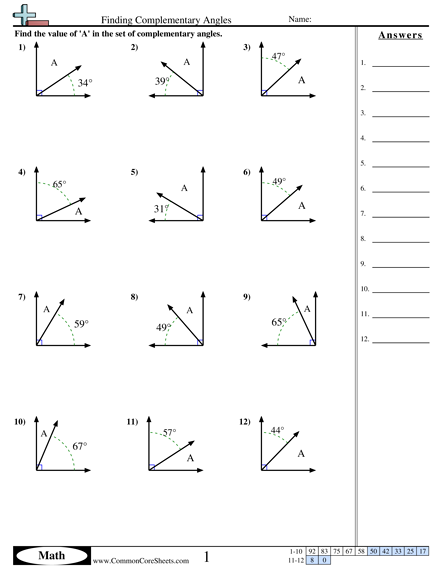 Adjacent Vertical Supplementary And Complementary Angles Worksheet