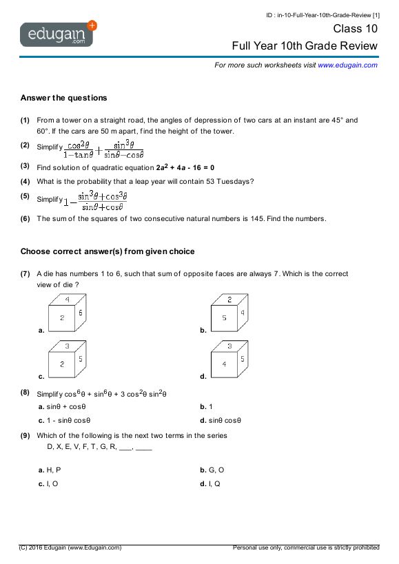 Math Worksheets Grade 10 Pdf