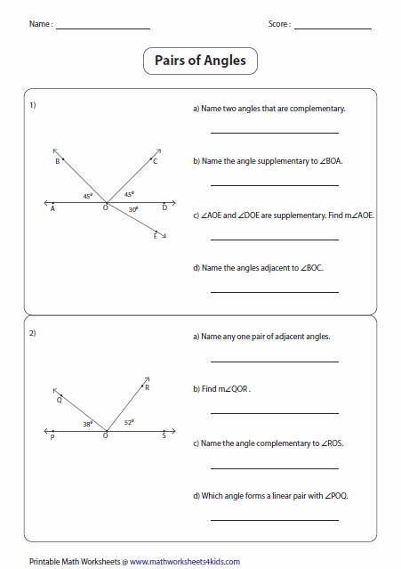 Answer Key Complementary And Supplementary Angles Worksheet Pdf