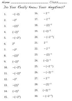 Simplifying Expressions With Negative Exponents Worksheet With Answers