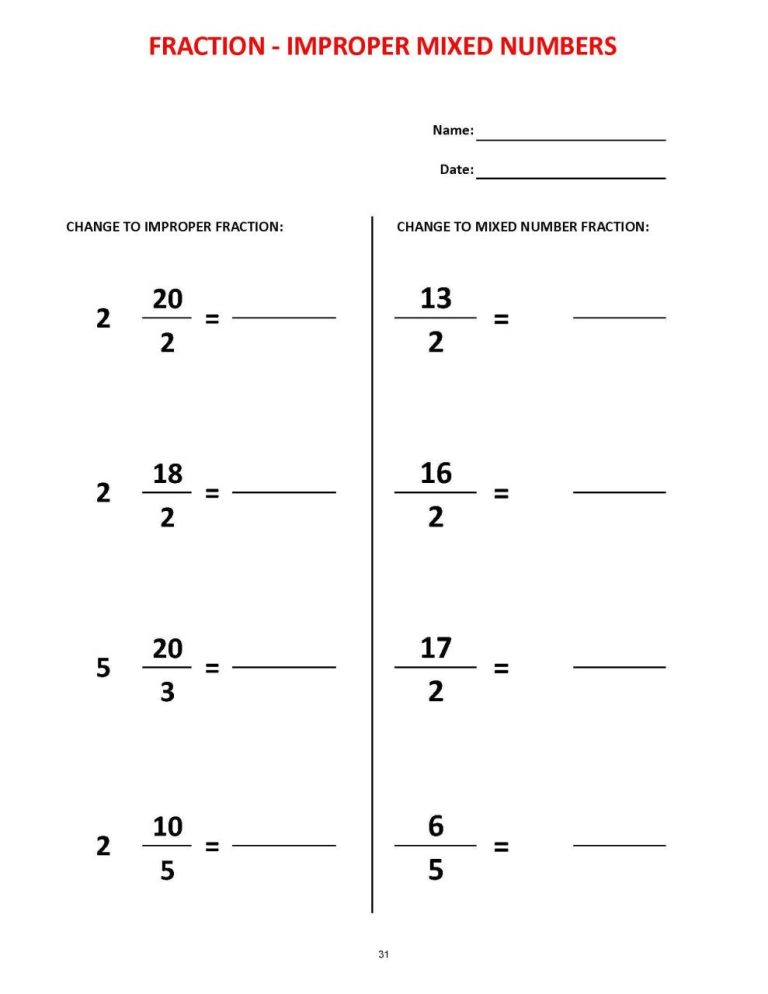 Mixed Number Fractions Worksheets Grade 4