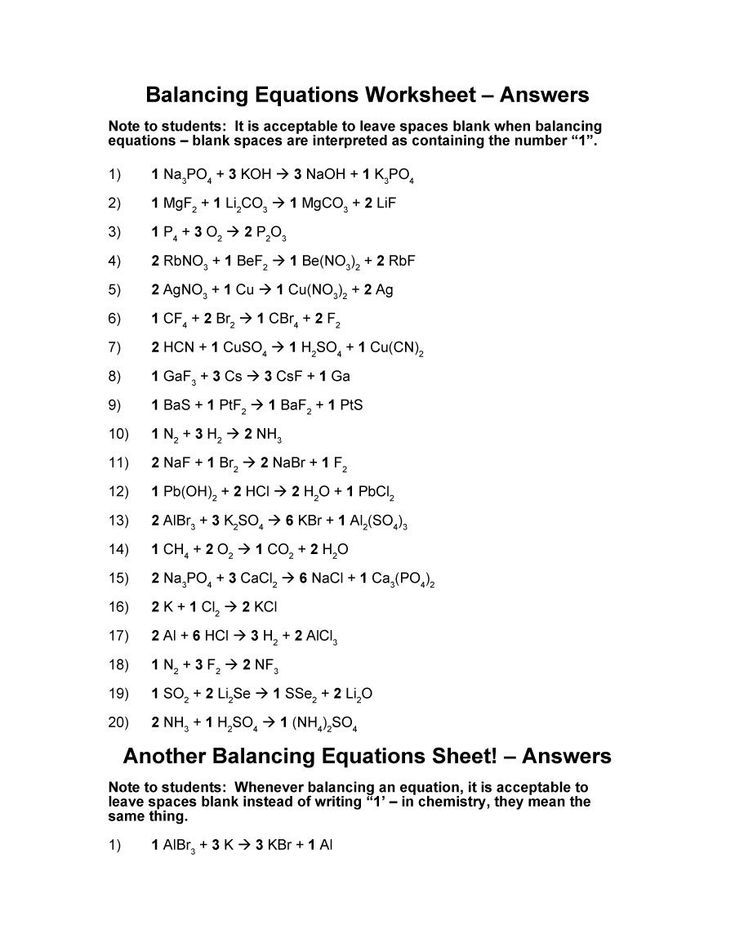 Writing And Balancing Chemical Equations Worksheet With Answers