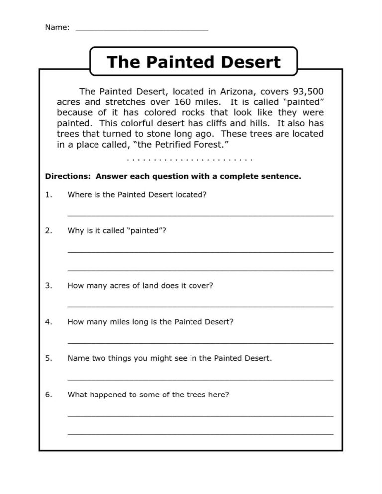 Reading Comprehension Worksheets 4th Grade