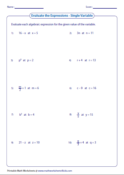 Algebraic Expressions Worksheets