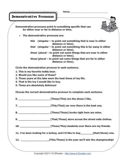 Demonstrative Pronouns Worksheet Grade 6