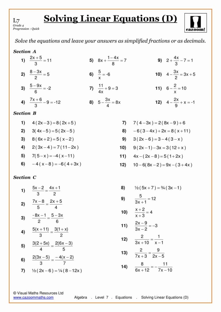 Grade 9 Solving Equations Worksheets With Answers