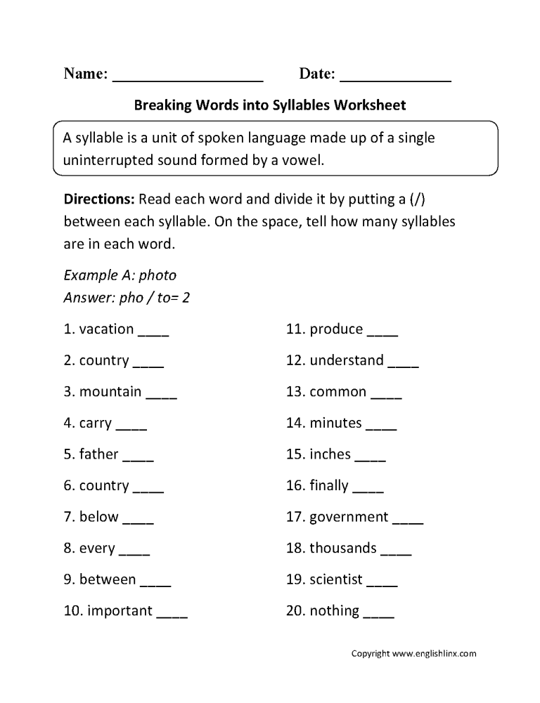 Syllabication Worksheets