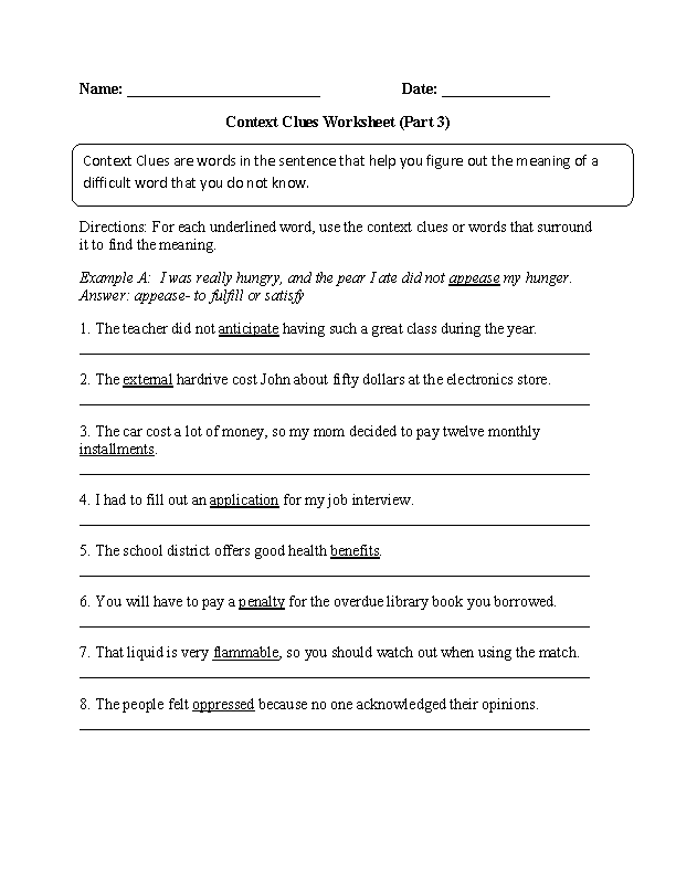 Context Clues Worksheets Answer Key