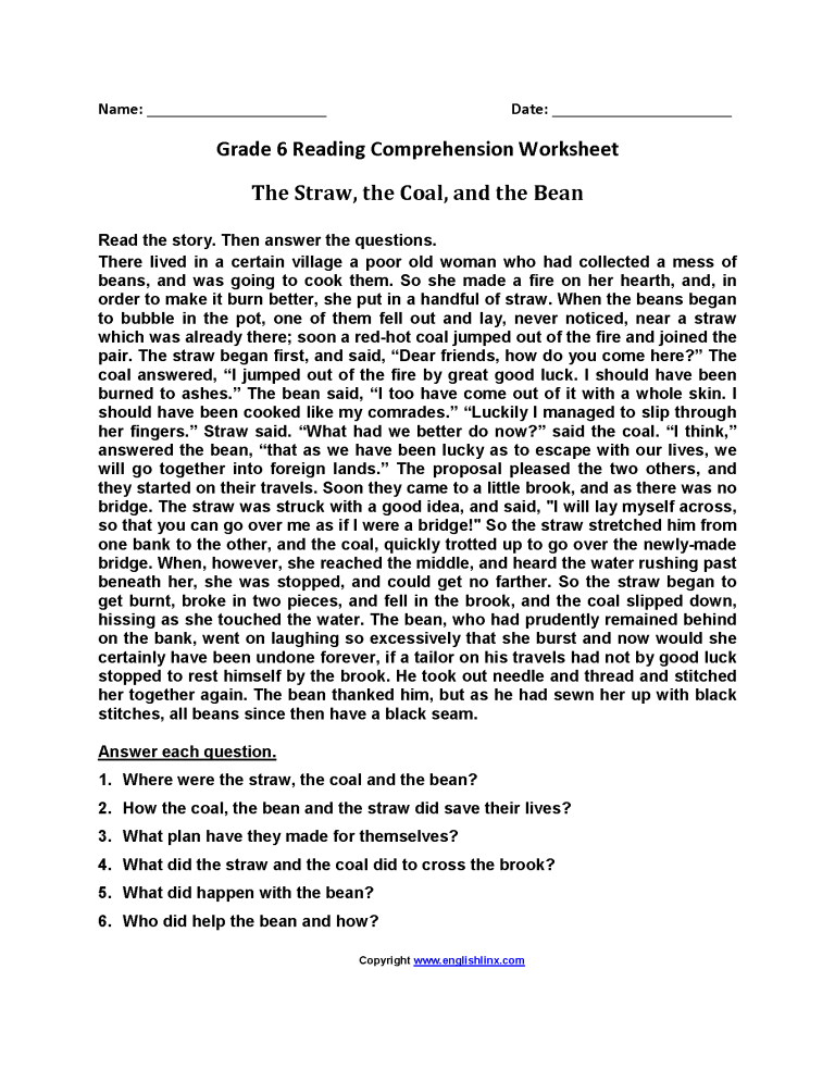 Printable 6th Grade Reading Comprehension Worksheets Pdf