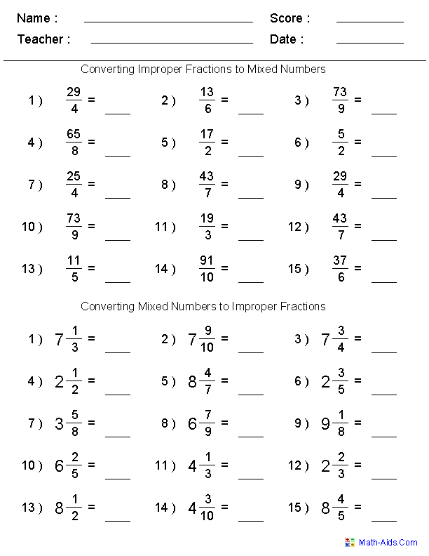 Mixed Numbers Worksheets