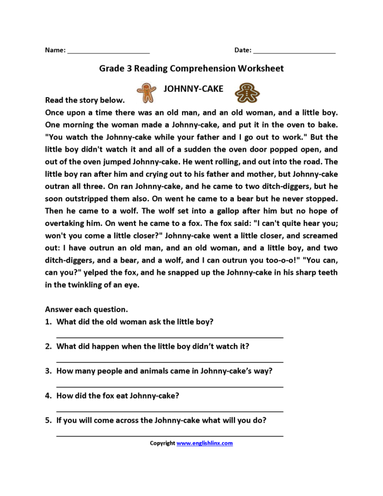 Reading Comprehension Worksheets For Grade 3 Pdf