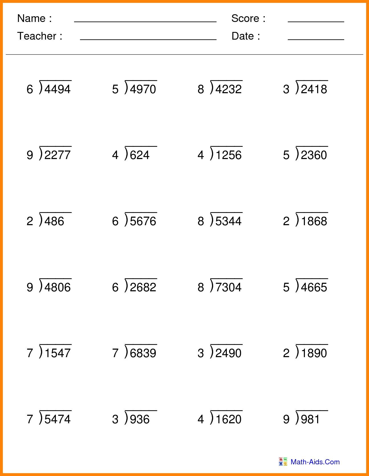 Division Worksheets 5th Grade