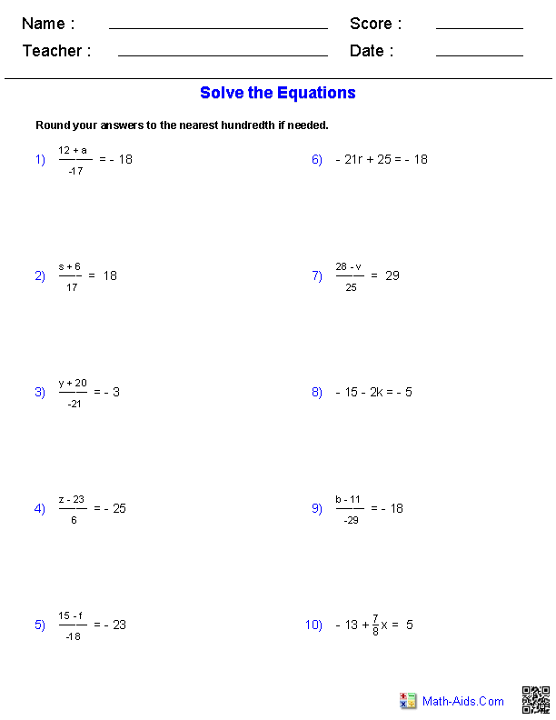 Solving Equations Worksheet Pdf