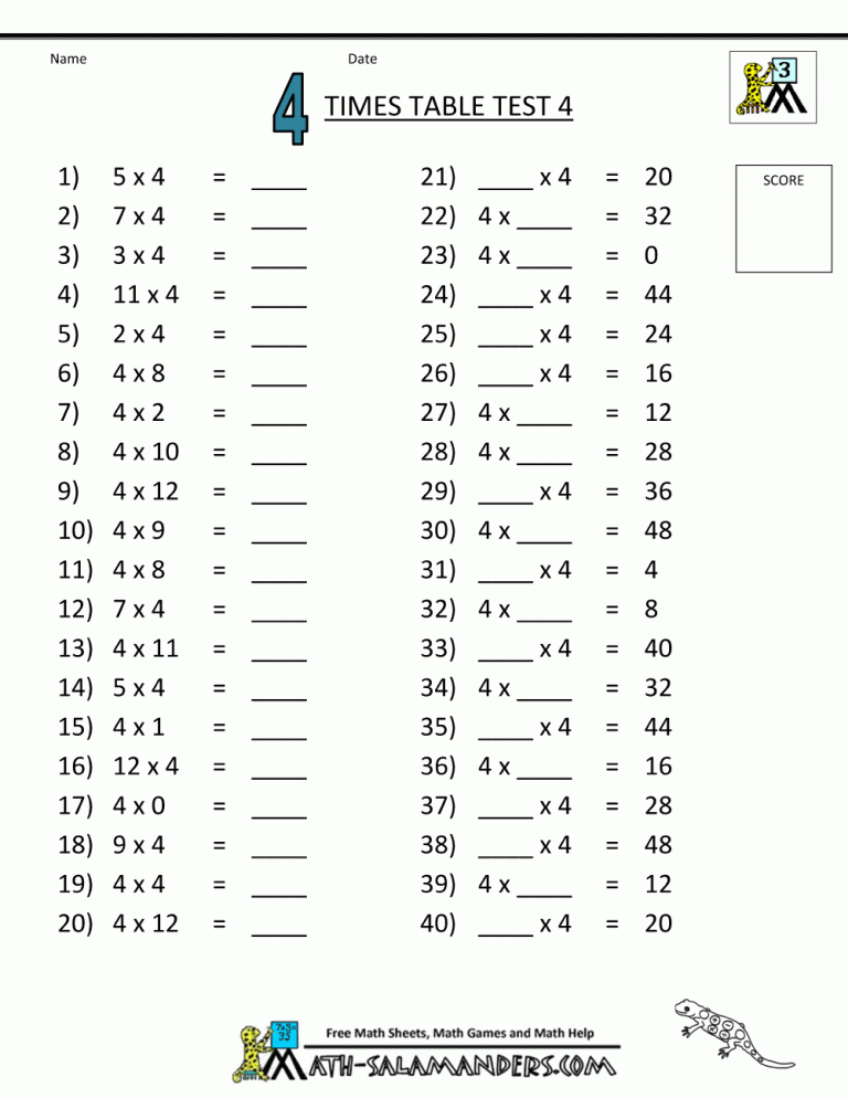 4 Times Table Worksheet