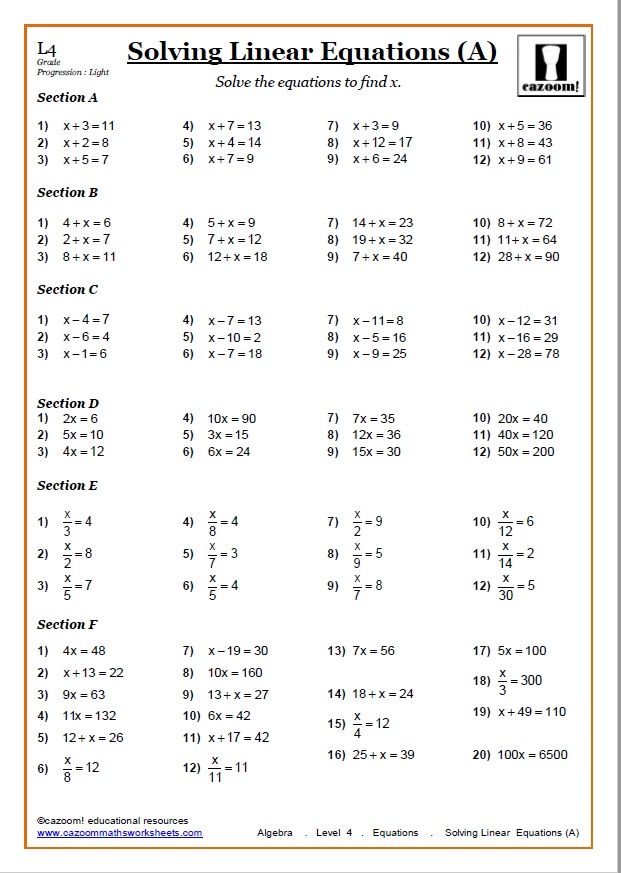 Solving Equations Worksheets